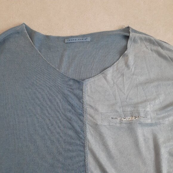 Tempo Paris Women's Large Blue Mixed Media Shirt - Picture 7 of 14